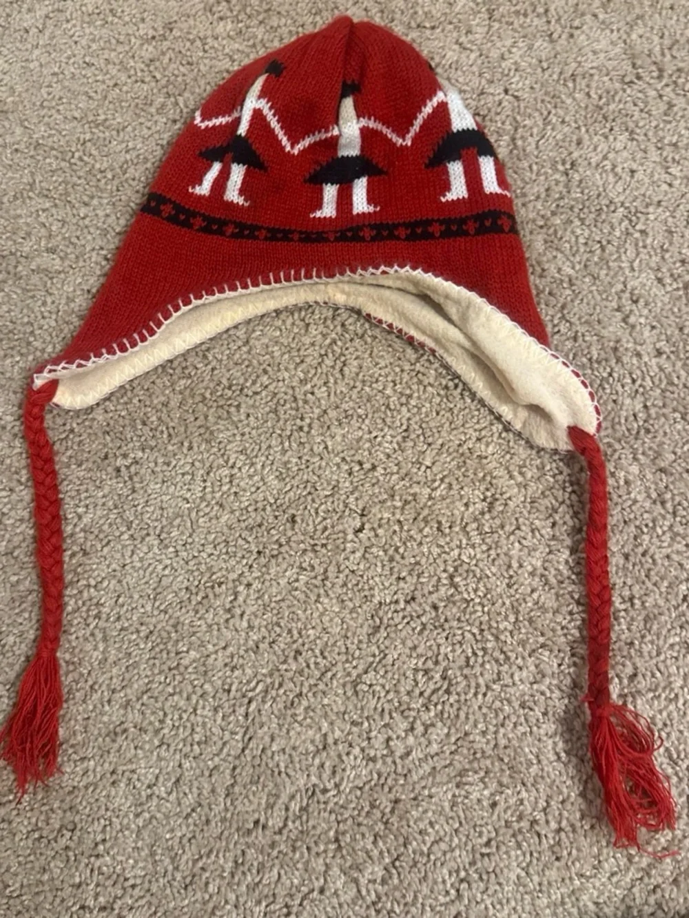 Kids Red Knit Earflap Hat with Pom Tassels